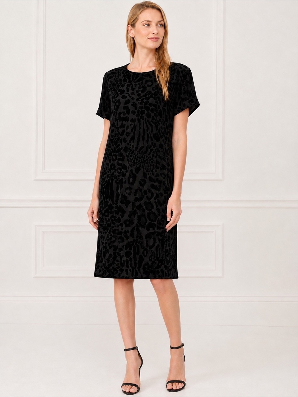 Vintage 90s Jones New York Black Silk Burnout Velvet Animal Print Dress Sz 12